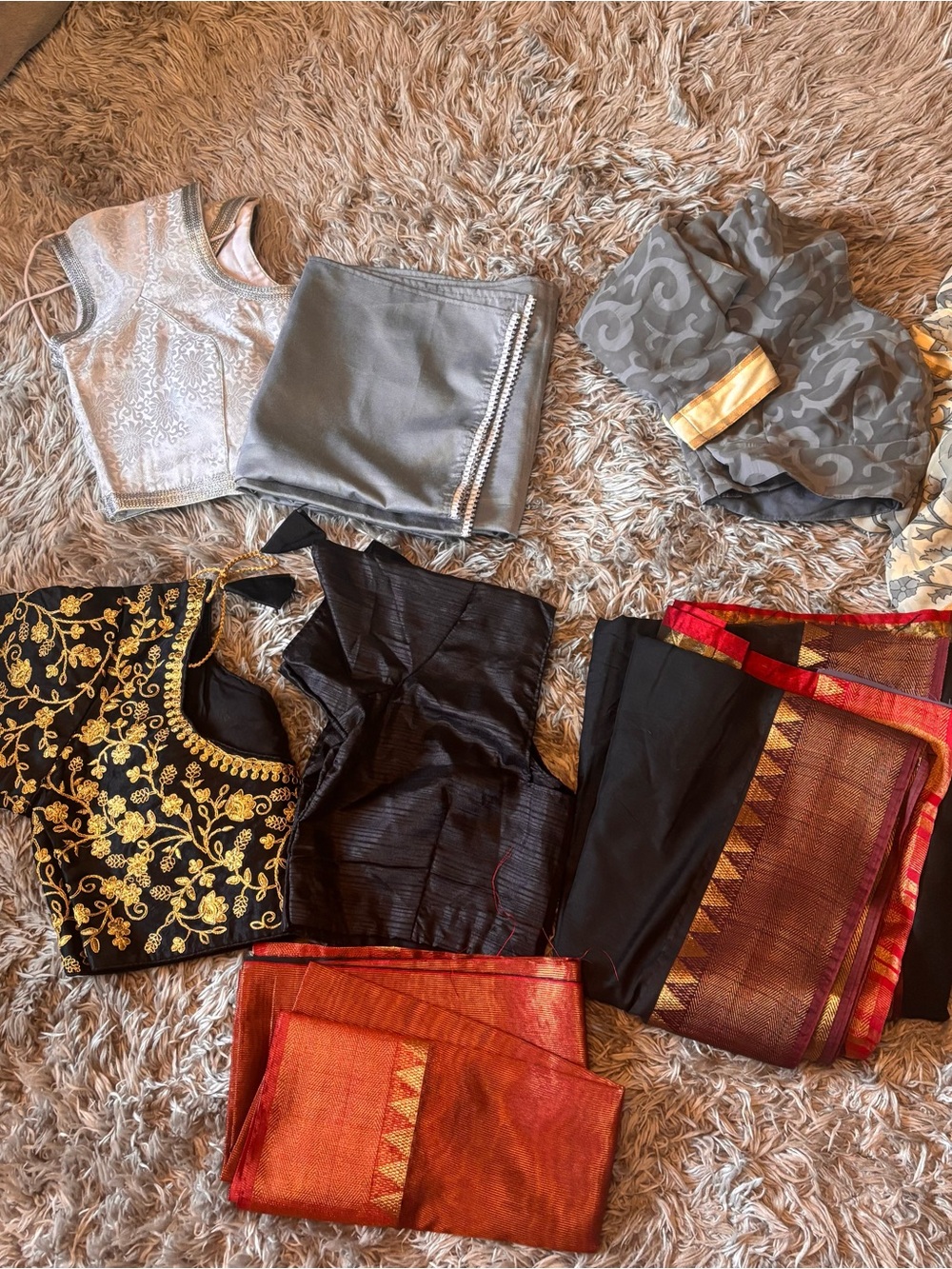 8 pieces, assorted Indian saree blouse scarf size large black silver grey